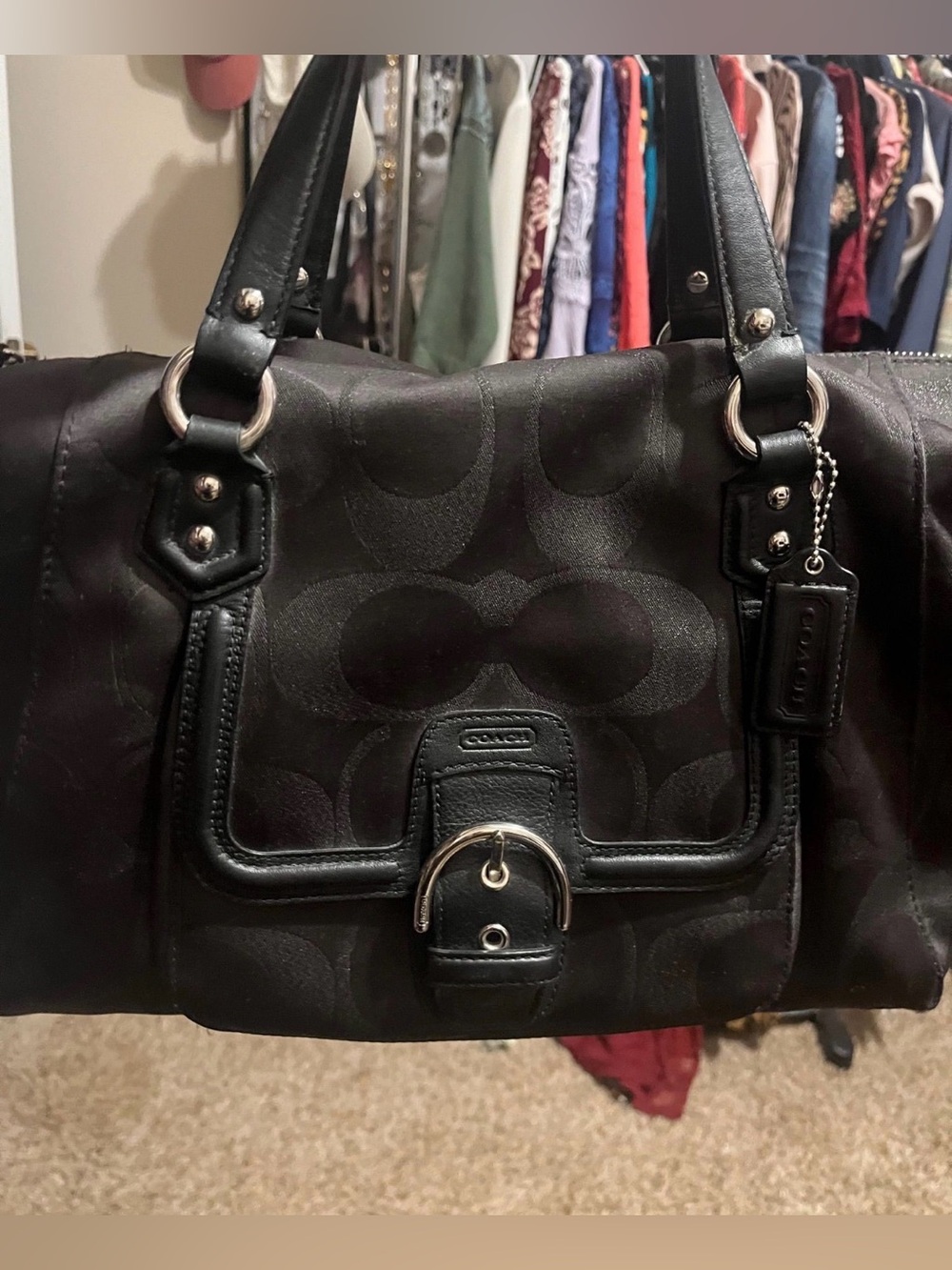 Coach Campbell Signature Jacquard Satchel Shoulder Bag Black Silver - Picture 2 of 11